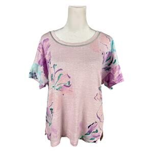 Chico's 1 M Pink Floral Sweater-Trim 100% Linen Short Sleeve Tee